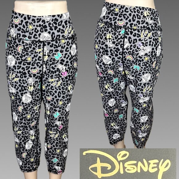 Disney +5 Gray Minnie Mouse Animal Print Graphic Stretch Waist Pocket Crop Pants - Picture 1 of 6